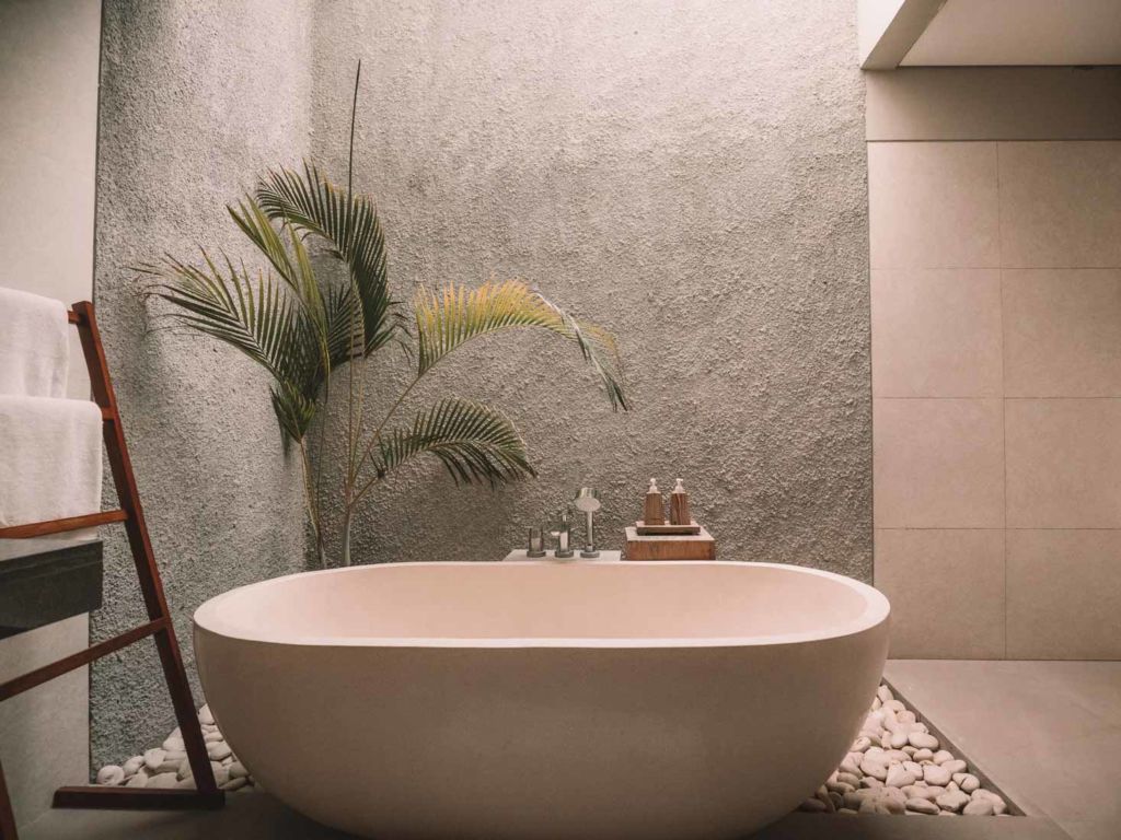 Bathtub with palm tree behind it