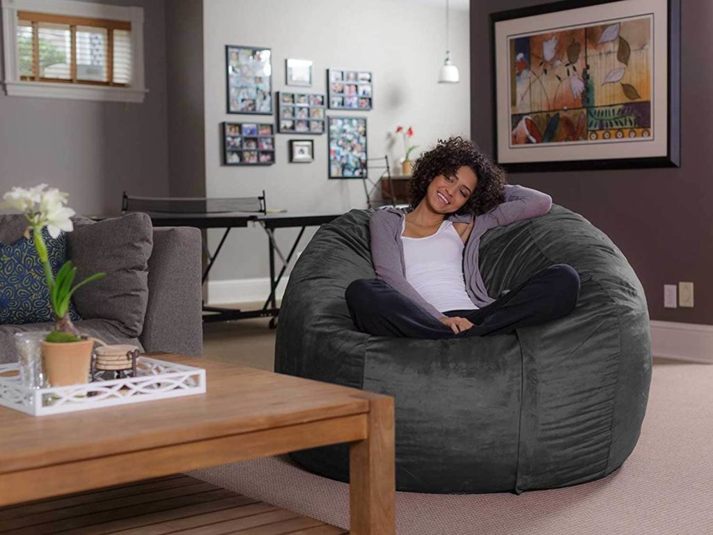 Woman in a bean bag chair