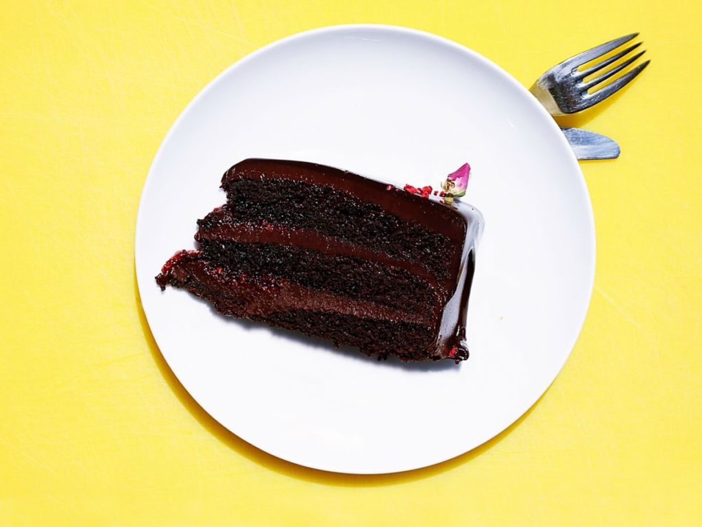 Chocolate cake on a yellow background