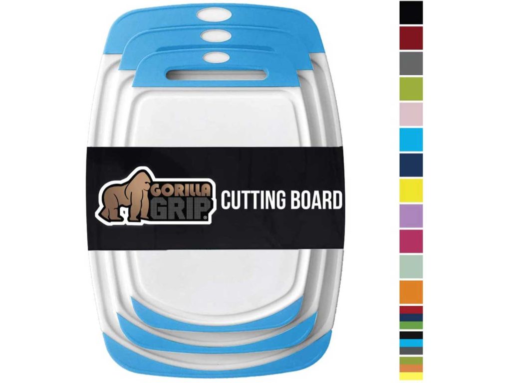 GORILLA GRIP Original Oversized Cutting Board, 3 Piece, BPA Free, Dishwasher Safe, Juice Grooves, Larger Thicker Boards, Easy Grip Handle, Non Porous, Extra Large, Kitchen, Set of 3, Aqua