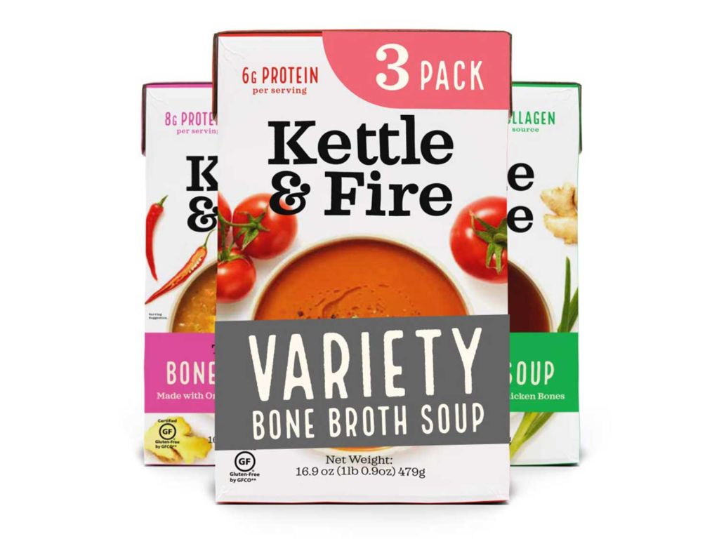 Bone Broth Soup Variety Bone Broth Soup, Tomato, Miso, and Thai Curry Variety Pack by Kettle and Fire, Pack of 3, Paleo Friendly, Whole 30 Approved, Gluten Free, with Collagen, 16.9 fl oz (Pack of 3)