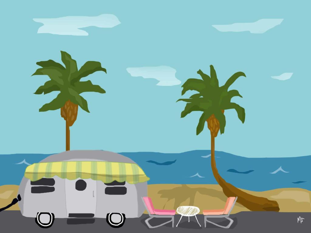 Illustration of cute little trailer parked by a beach