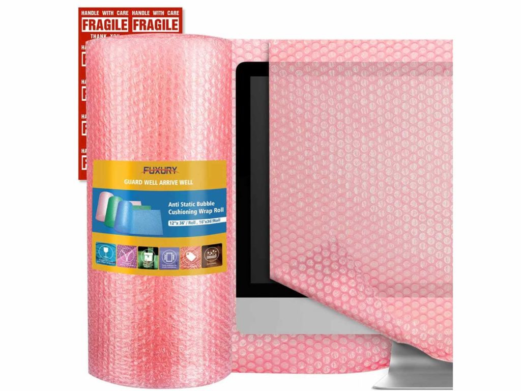 Fuxury Pink 16" Anti-Static Bubble Cushioning Wrap Roll Air Bubble Roll 1 Roll 36 Feet,Perforated Every 12",Included 10 Fragile Sticker Labels for Packaging Moving Shipping Boxes Supplies