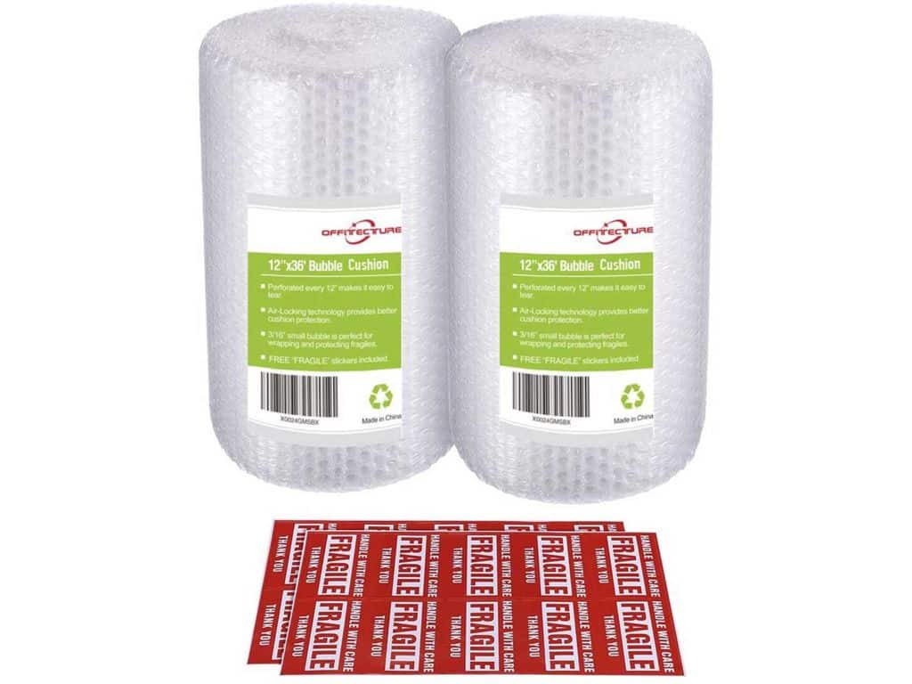 2-Pack Bubble Cushioning Wrap Rolls, 3/16" Air Bubble, 12 Inch x 72 Feet Total, Perforated Every 12", 20 Fragile Stickers Included