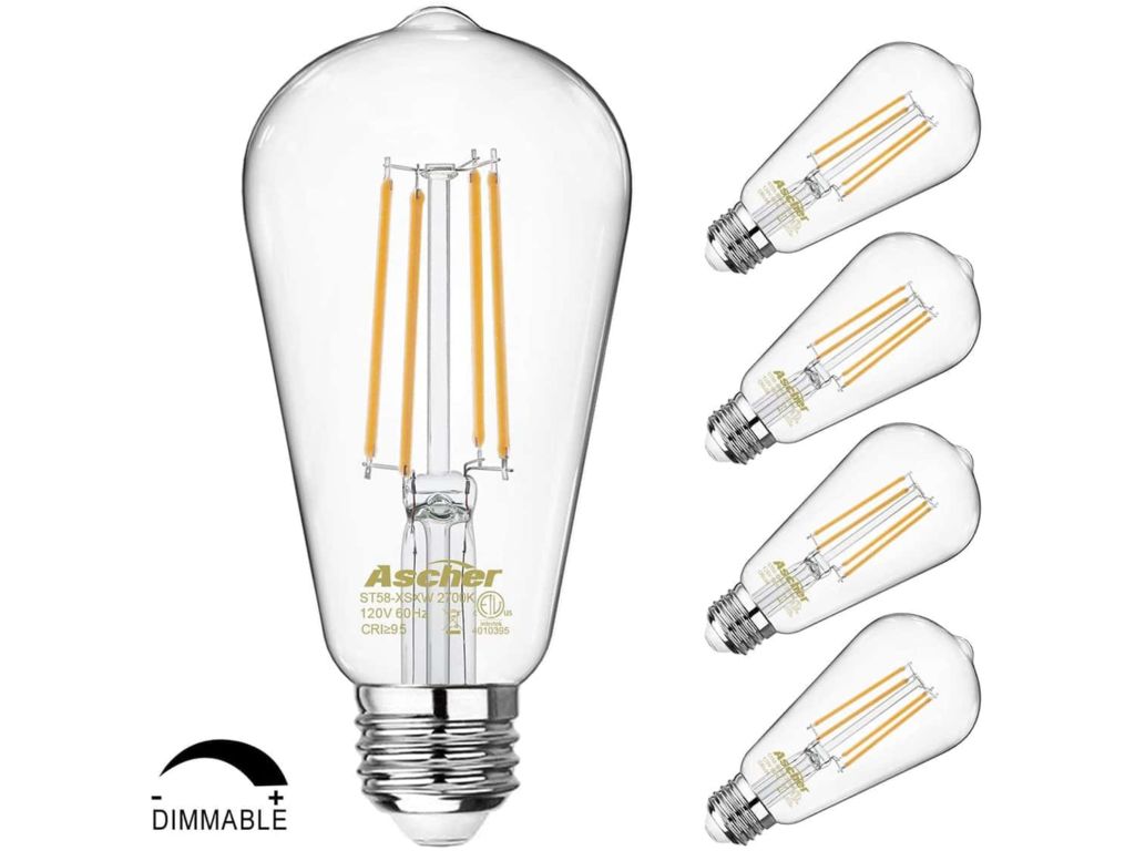 Dimmable Vintage LED Edison Bulbs 60 Watt Equivalent, Eye Protection Led Bulb with 95+ CRI, Warm White 2700K, ST58 Antique LED Filament Bulbs, E26 Medium Base, Pack of 4