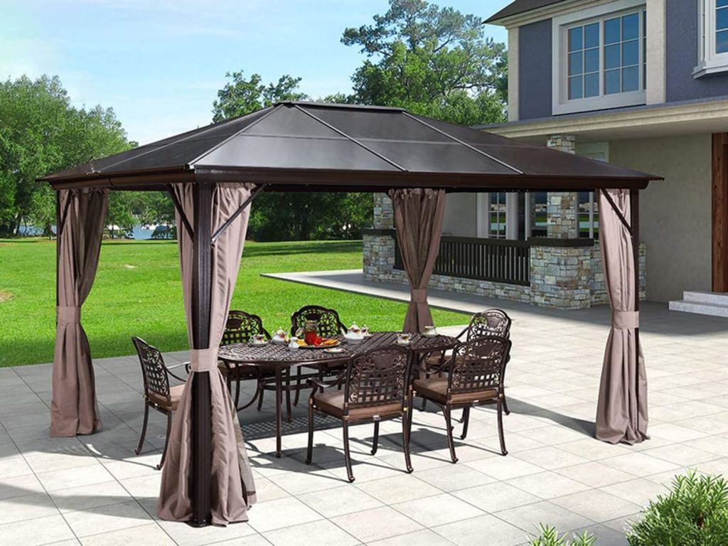 Erommy 10x12ft Outdoor Hardtop Gazebo Canopy Aluminum Furniture Pergolas with Netting and Curtains