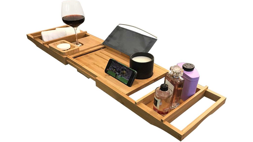 Luxury Bath Caddy Tray for Tub | Bath Table | Premium Bamboo Bathtub Tray for Tub | Fits All Bath Accessories Wine Glass, Books, Tablets, Cellphones, Shampoo, Soap | Bath Shelf Foldable Design