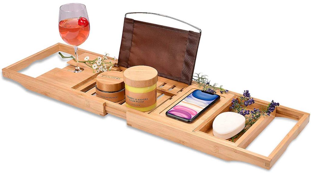 Bamboo Bathtub Tray - Perfect Expandable Bathtub Caddy with Reading Rack or Tablet Holder, This Premium Bath Tray Includes a Wine Glass Holder and a Bonus Soap Holder