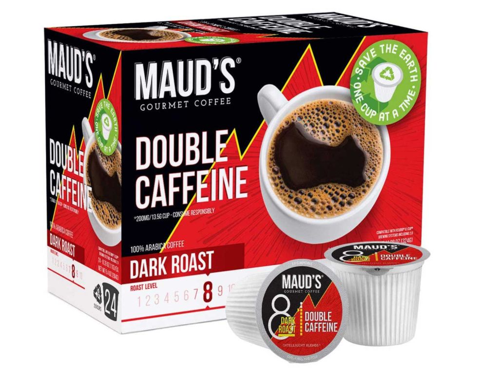 Maud's Double Caffeine Dark Roast Coffee (X2 Caffeine Coffee), 24ct., Recyclable Single Serve Dark Roast Coffee Pods – 100% Arabica Coffee Beans California Roasted, Keurig Dark Roast K Cup Compatible