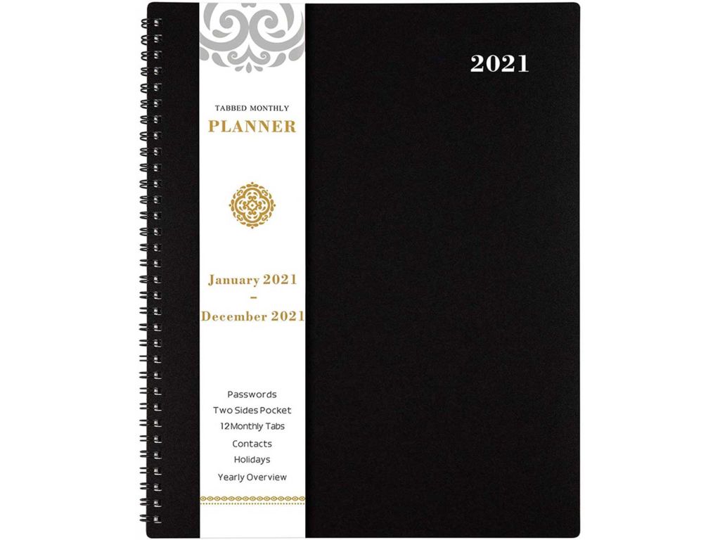 2021 Monthly Planner/Calendar - 12-Month Planner with Tabs & Pocket & Label, Contacts and Passwords, 8.5" x 11", Thick Paper, Jan. - Dec. 2021, Twin-Wire Binding - Black by Artfan by Artfan