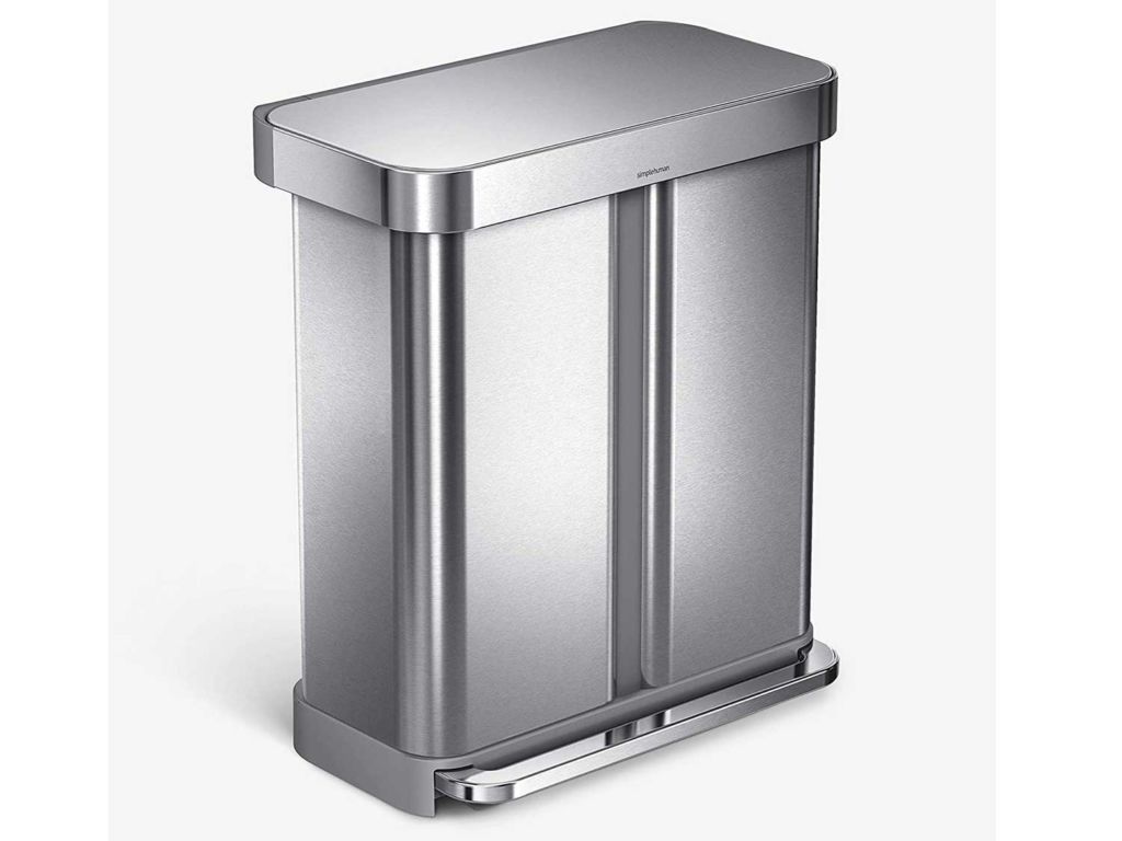 simplehuman 58 Liter Rectangular Hands-Free Dual Compartment Recycling Kitchen Step Trash Can with Soft-Close Lid, Brushed Stainless Steel