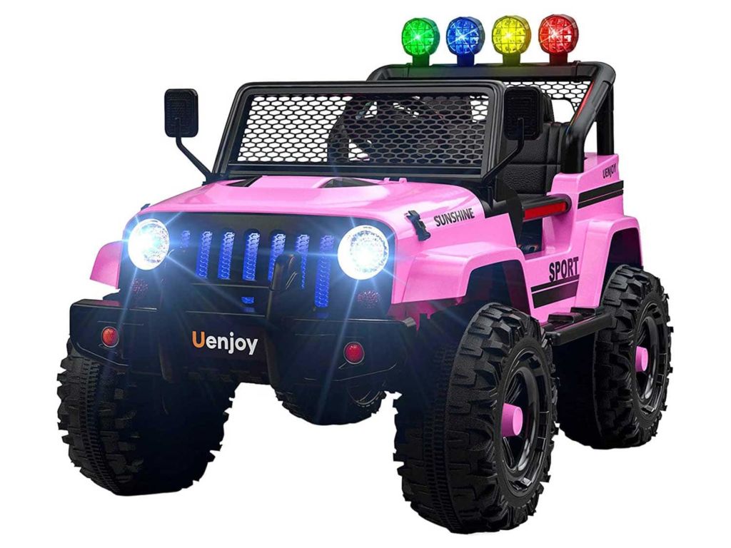 Uenjoy Electric Kids Ride On Cars 12V Battery Motorized Vehicles W/ Wheels Suspension, Remote Control, Music, Story Playing, Colorful Lights, Sunshine Model, Pink