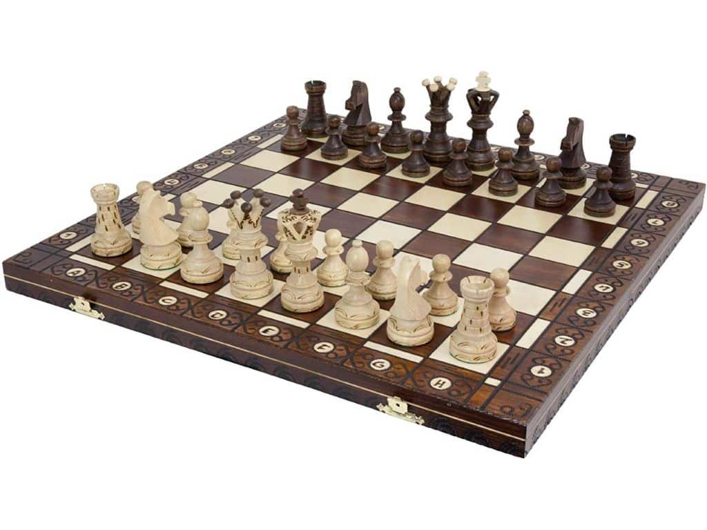Wegiel Handmade European Ambassador Chess Set - Wooden 21 Inch Beech & Birch Board With Felt Base - Carved Hornbeam & Sycamore Wood Chess Pieces - Compartment Inside The Board To Store Each Piece
