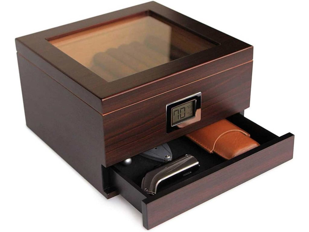 Glass Top Handcrafted Cedar Humidor with Front Digital Hygrometer, Humidifier Gel, and Accessory Drawer - Holds (25-50 Cigars) by Case Elegance