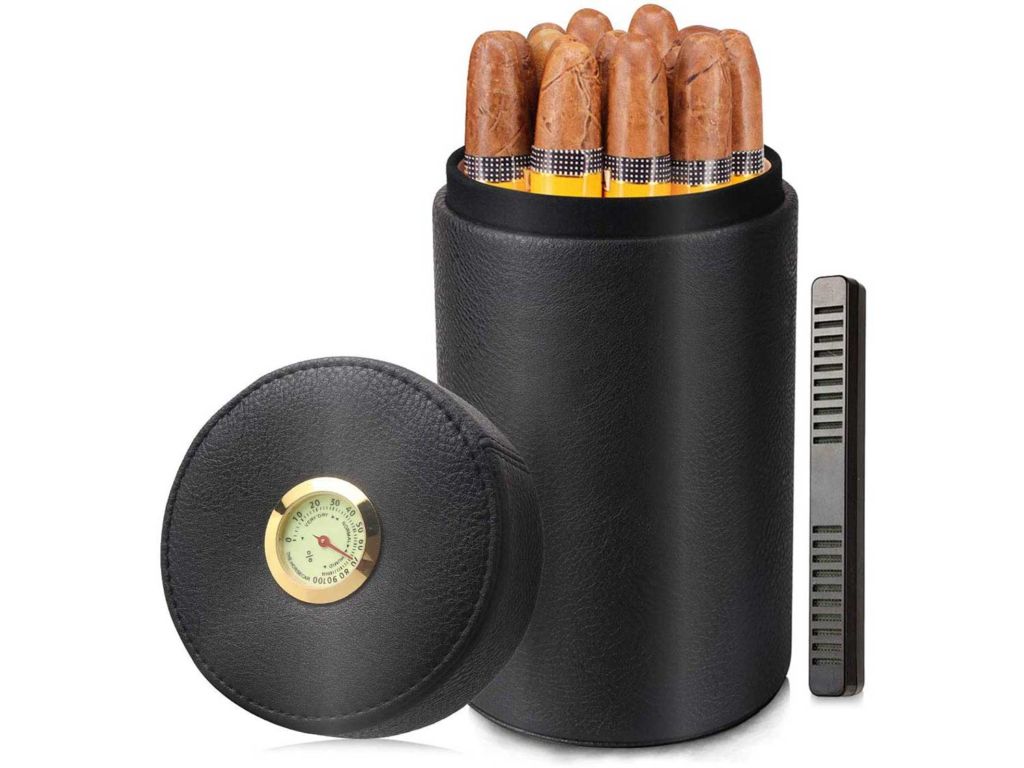 Scotte Leather & Cedar Wood Cigar Canister Portable Cigar humidor case for 12-16 Cigars
