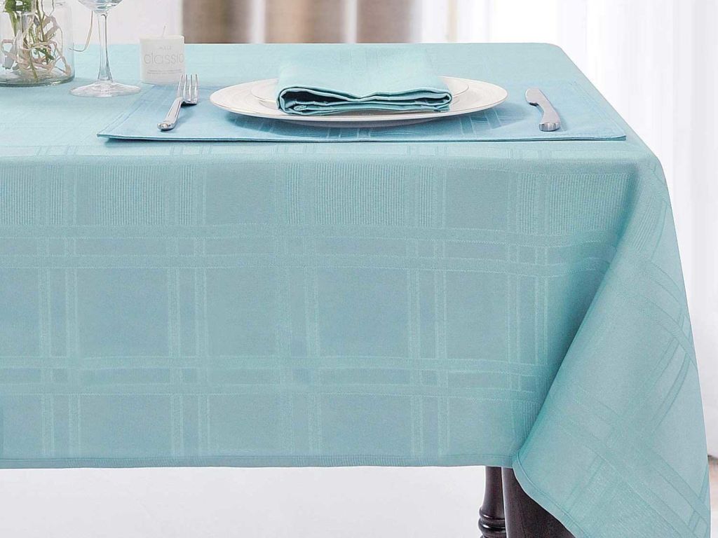 JUCFHY Soild Plaid Jacquard Table Cloth Elegance Wrinkle Resistant Contemporary Woven Decorative Tablecloths, Spillproof Soil Resistant Holiday Table Cover, 52 X 70, Turquoise