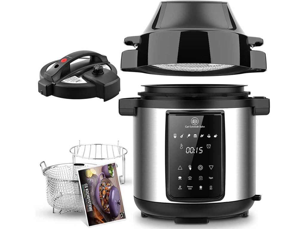 6Qt Pressure Cooker & Air Fryer Combos - Steamer Cooker, All-in-One Multi-Cooker with Pressure & Crisping Lid, LED Touchscreen, 1500W Pressure, Air Fryer with 3-Qt Air Fry Basket, Rice Cooker with Free Recipe Book & Accessories