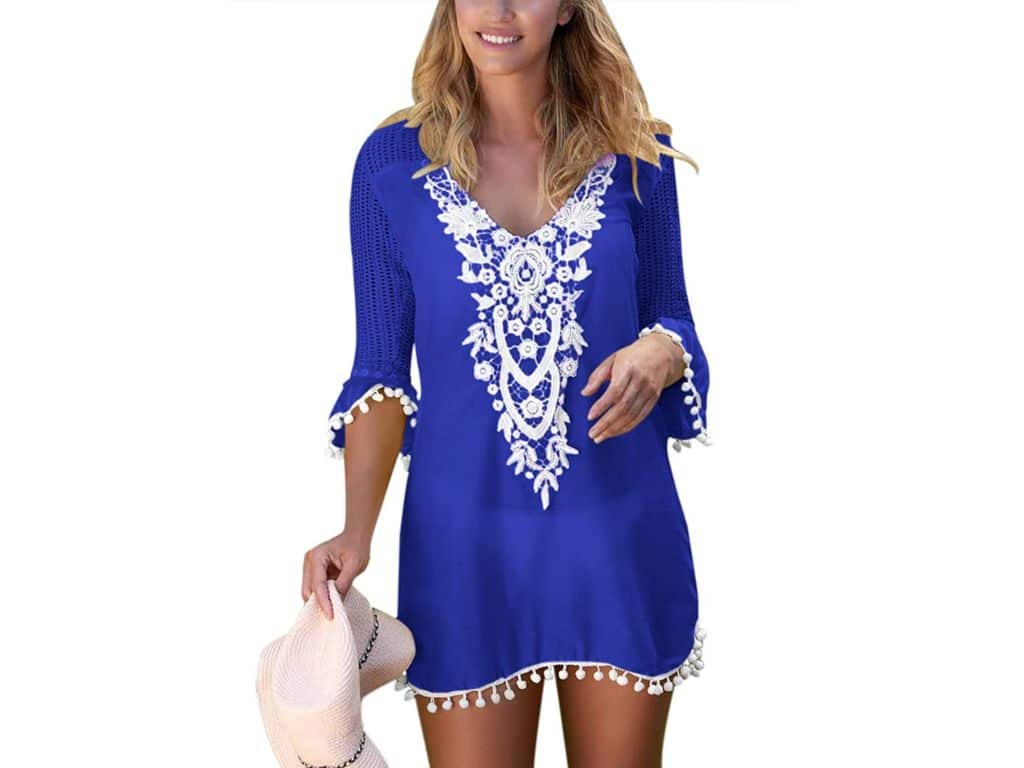 BLENCOT Women's Crochet Chiffon Tassel Swimsuit Bikini Pom Pom Trim Swimwear Beach Cover Up