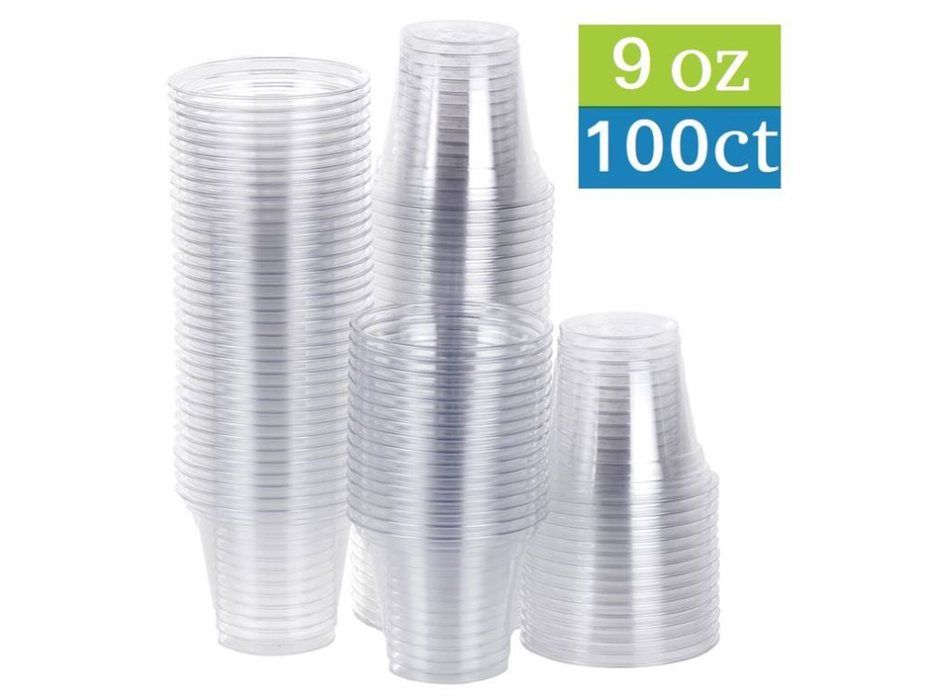 TashiBox 9 oz Disposable Plastic Party Cups, Tumblers, 100 Count, Crystal Clear