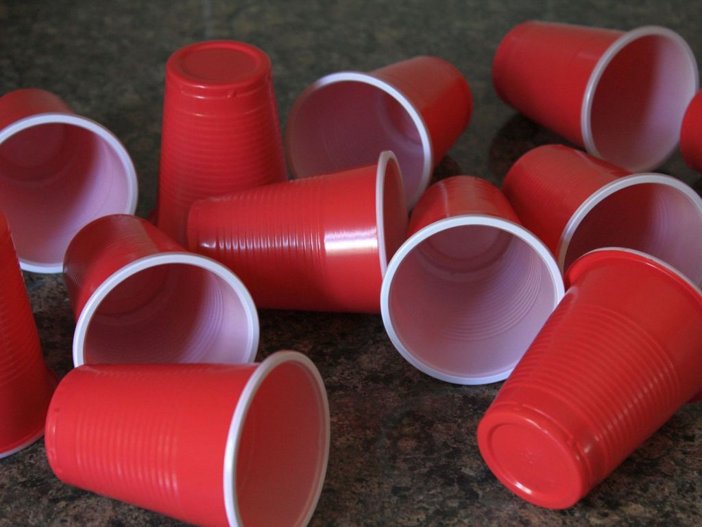 Red plastic cups on a table