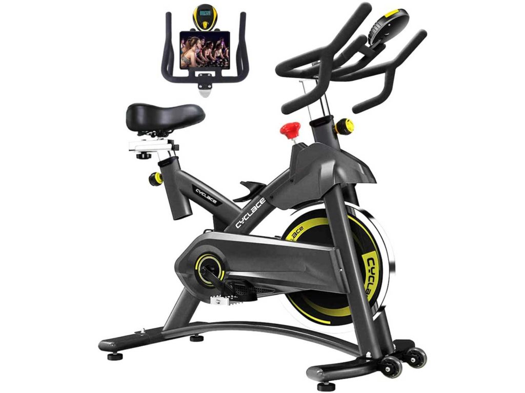 Cyclace Exercise Bike Stationary 330 Lbs Weight Capacity- Indoor Cycling Bike with Comfortable Seat Cushion, Tablet Holder and LCD Monitor for Home Workout