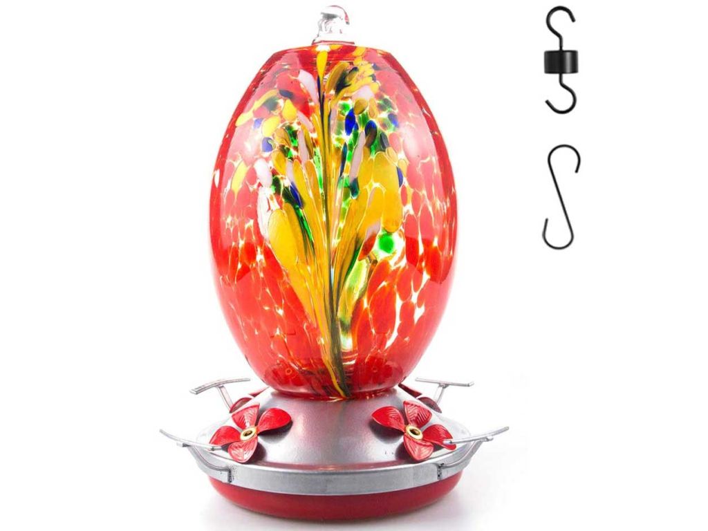 Muse Garden Hummingbird Feeder for Outdoors, Hand Blown Glass, 25 Ounces, Containing Ant Moat, Phoenix