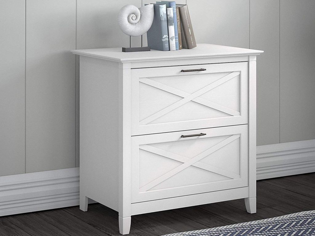 White file cabinet in a room.