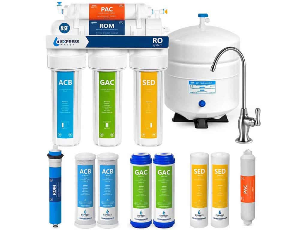 Express Water Reverse Osmosis Water Filtration System – NSF Certified 5 Stage RO Water Filter System with Faucet and Tank – Under Sink Water Filter – plus 4 Replacement Filters – 50 GPD, Model:RO5DX