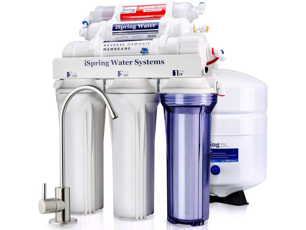 iSpring RCC7AK 6-Stage Superb Taste High Capacity Under Sink Reverse Osmosis Drinking Water Filter System with Alkaline Remineralization-Natural pH, White