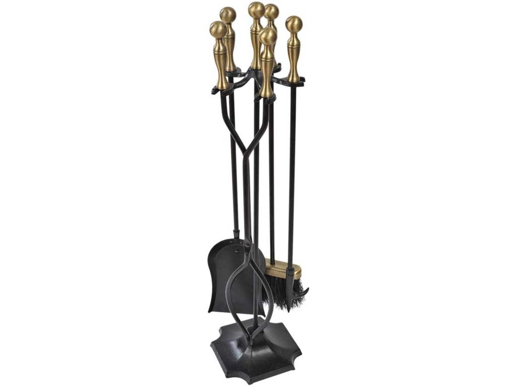 Amagabeli 5 Pieces Fireplace Tools Sets Brass Handles Wrought Iron Set and Holder Indoor Outdoor Fireset Fire Pit Stand Rustic Tongs Shovel Brush Chimney Poker Wood Stove Hearth Accessories Kit Large