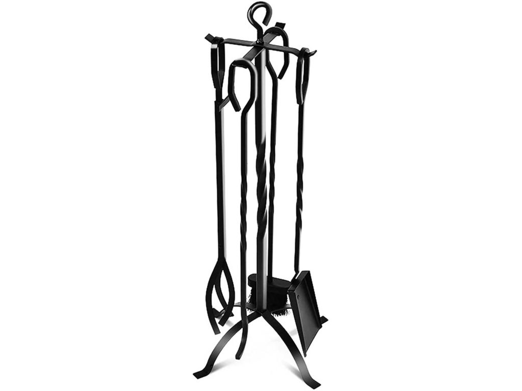 5-Piece Fireplace Tools Set 31’’, Heavy Duty Wrought Iron Fire Place Toolset with Poker, Shovel, Tongs, Brush, Stand for Outdoor Indoor Chimney, Hearth, Stove, Firepit-Easy to Assemble, Black