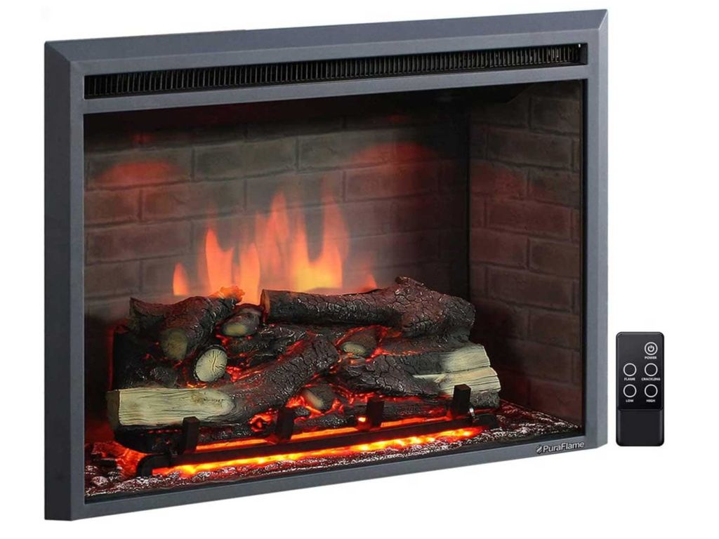 PuraFlame Western Electric Fireplace Insert with Fire Crackling Sound, Remote Control, 750/1500W, Black, 33 5/64 Inches Wide, 25 35/64 Inches High
