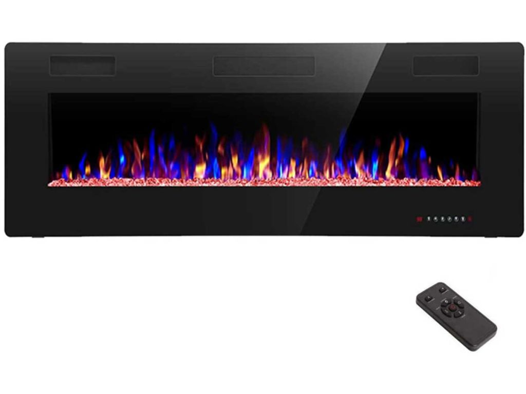 R.W.FLAME 50 inch Recessed and Wall Mounted,The Thinnest Electric Fireplace,Low Noise , Fit for 2 x 4 and 2 x 6 Stud, Remote Control with Timer,Touch Screen,Adjustable Flame Colors and Speed