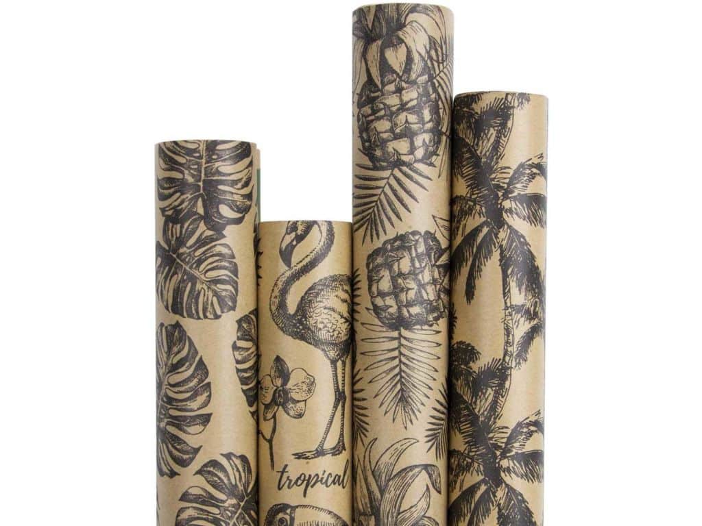 RUSPEPA Kraft Wrapping Paper Roll - Black Tropical Summer Elements Printed Great for Congrats, Holiday and Special Occasion - 4 Roll - 30 inches X 10 feet Per Roll
