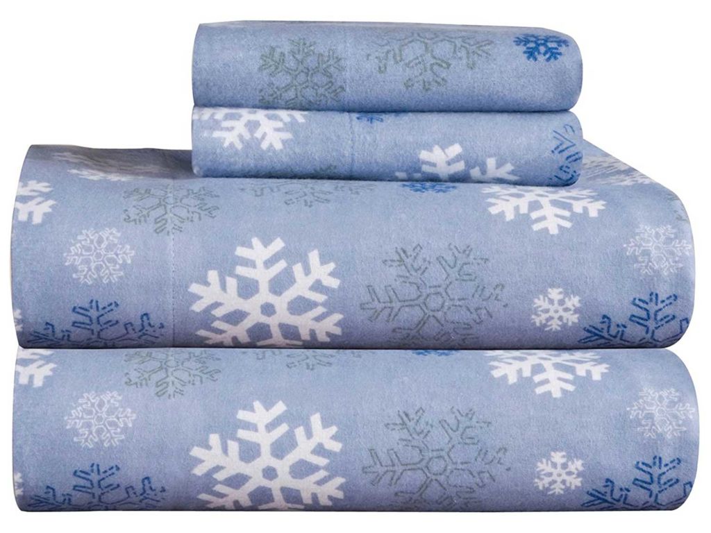 Pointehaven Heavy Weight Printed Flannel 100-Percent Cotton Sheet Set, Queen, Snow Flakes