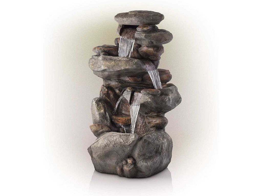 Alpine Corporation 4-Tier Rock Water Fountain with LED Lights - Outdoor Water Fountain for Garden, Patio, Deck, Porch - Yard Art Decor