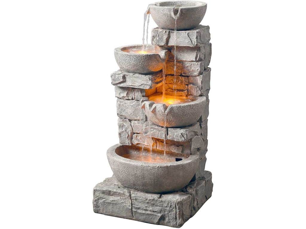 Peaktop 201601PT Floor Stacked Stone 4 Tiered Bowls Waterfall Water Fountain for Outdoor Patio Garden Backyard Decking with Led Lights and Pump, 33" Height, Gray