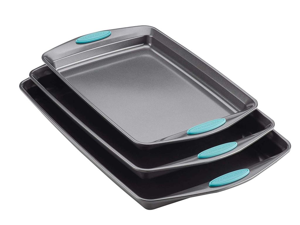 Rachael Ray Bakeware Nonstick Cookie Pan Set, 3-Piece, Gray with Agave Blue Grips