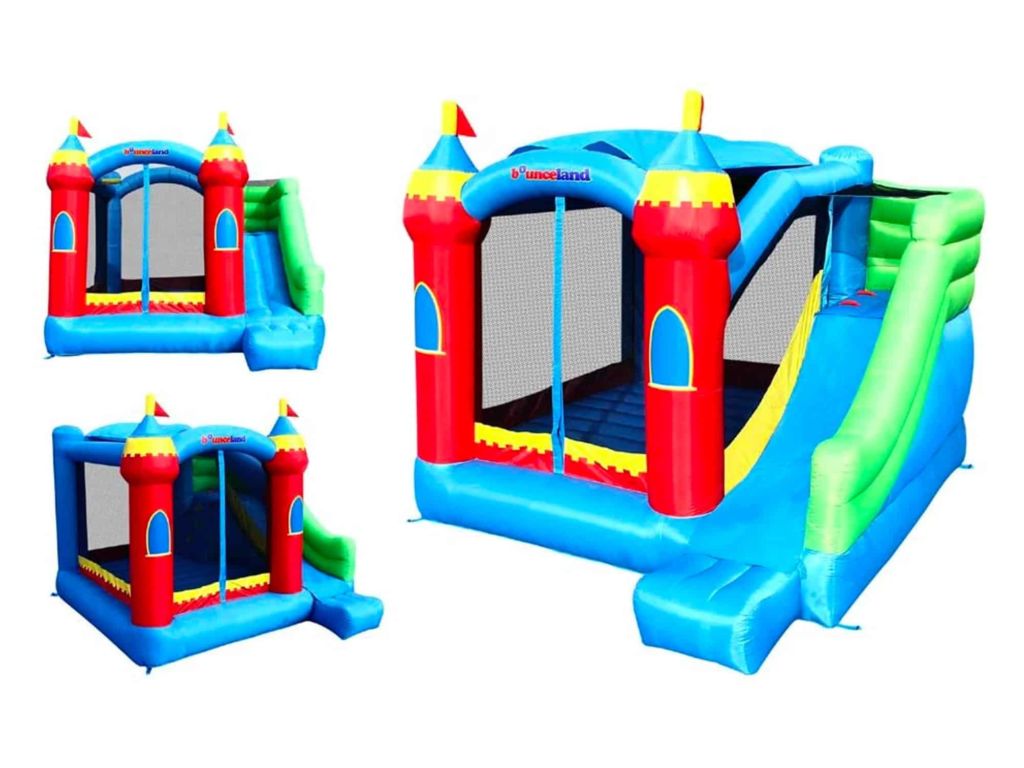 Kids can learn to climb the inflatable wall using hand- and footholds and then climb down the good-sized slide.