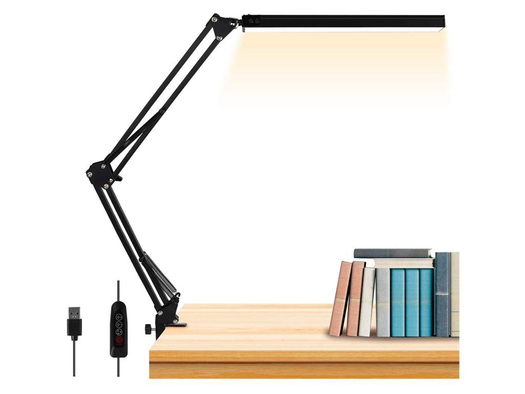 LED Desk Lamp, AXUF Metal Swing Arm Desk Lamp with Clamp, Eye-Caring Modern Architect Task Lamp, Dimmable Office Table Lamp with 3 Color Modes 10 Brightness Levels & Adapter, Memory Function,14W-Black