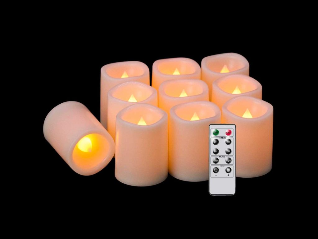 Eldnacele Flameless Flickering Votive Candles with Remote, Battery Operated Remote Votive Candles Light, 10 Pack LED Realistic Warm White Flame Decorative White Candles(D1.5"xH2")