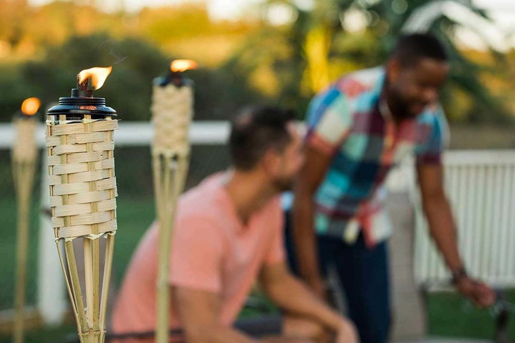 Tiki torches in a backyard