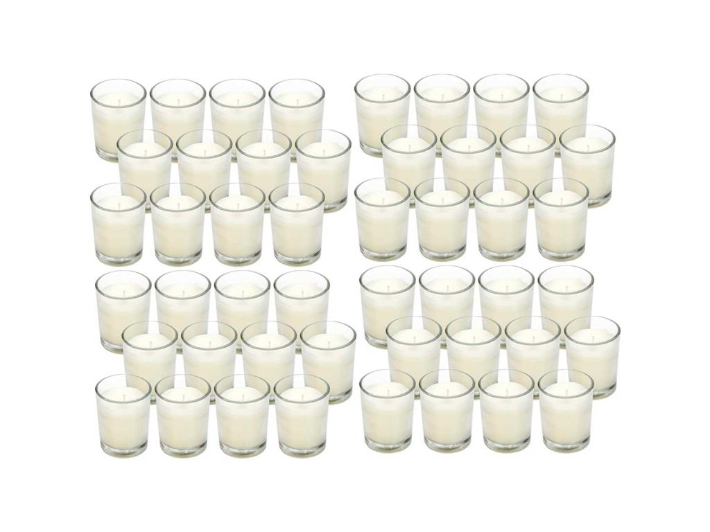 Hosley 48 Pack Warm White Unscented Clear Glass Filled Votive Candles. Hand Poured Wax Candle Ideal Gifts for Aromatherapy Spa Weddings Birthdays Holidays Party (Warm White)