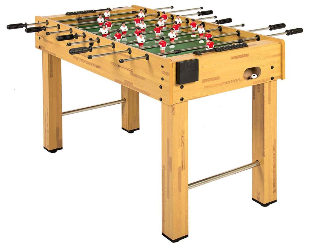 This game set, built with sturdy composite wood, features 11 players along four rows for each team. Cup holders and two “game balls” are also included.
