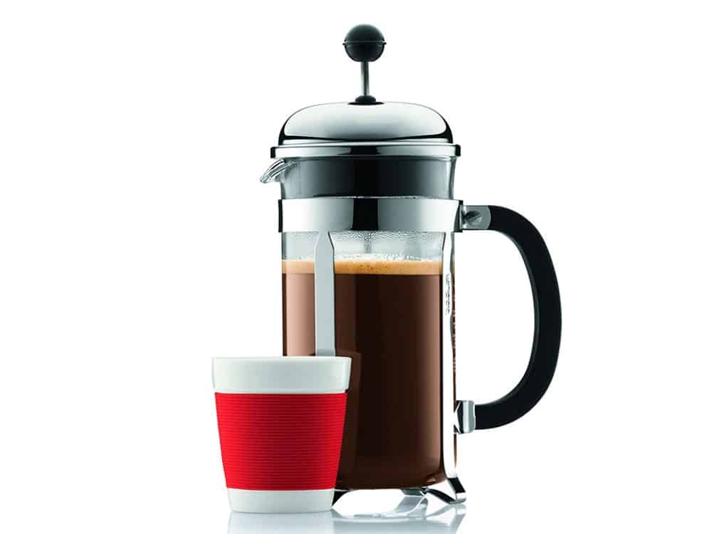 french press, red mug