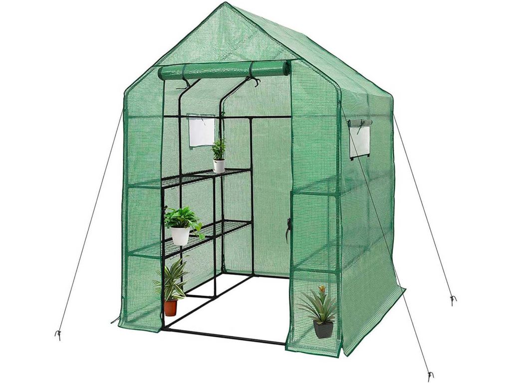 Deluxe Green House 56" W x 56" D x 77" H,Walk in Outdoor Plant Gardening Greenhouse 2 Tiers 8 Shelves - Window and Anchors Include!(Green)