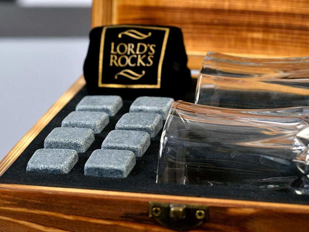 Whiskey Stones Gift Set - 8 Natural Granite Chilling Whisky Rocks To Chill any Beverages & Drinks + Two 6.8 oz Crystal Whiskey Glasses + Handmade Wooden Box - Best Bar Accessories By Lord’s Rocks