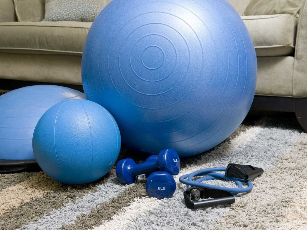 Home fitness gear on the carpet