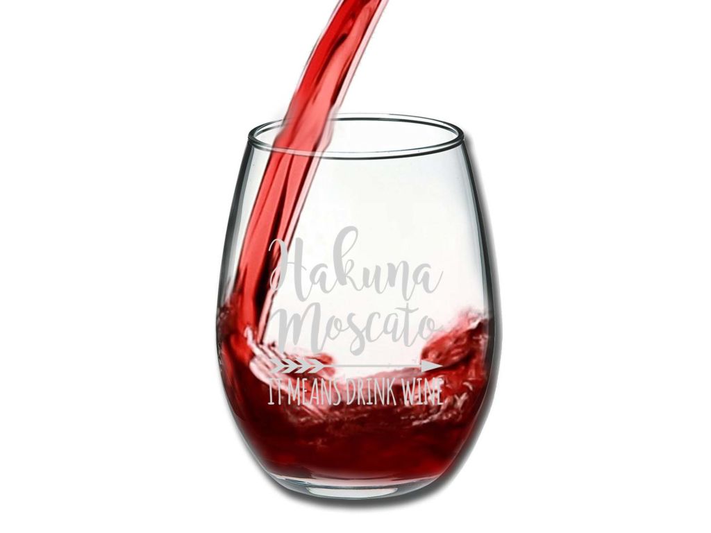 Front Profile View of wine being poured into the Hakuna Moscato It Means Drink Wine Funny Stemless Wine Glass