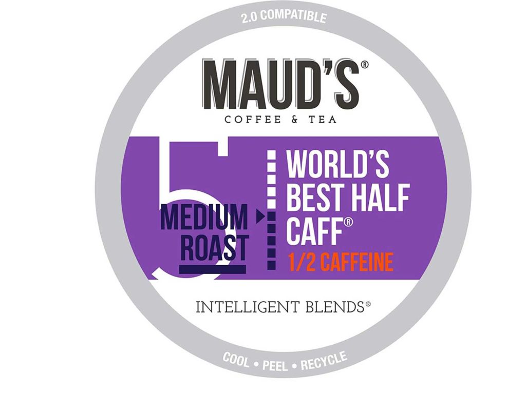 Maud's Half Caff Coffee (World's Best Half Caff), 100ct. Recyclable Single Serve Medium Roast Half Caff Coffee Pods – 100% Arabica Coffee California Roasted, Half Caff K Cups Compatible